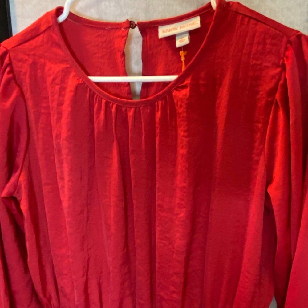 Knox Rose Red Satin Ruffled XS Mini Dress Gathered Scoop Neck Long Sleeve NEW - Picture 3 of 8